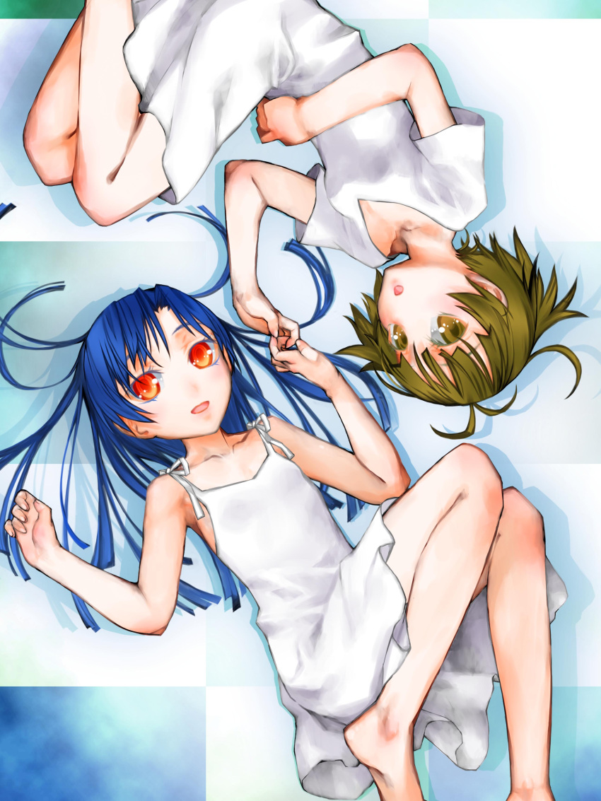 akizuki_ryou, barefoot, dress, face, flat_chest, highres, idolmaster, idolmaster_dearly_stars, kakashichi, kisaragi_chihaya, lying, rotational_symmetry, trap, white_dress