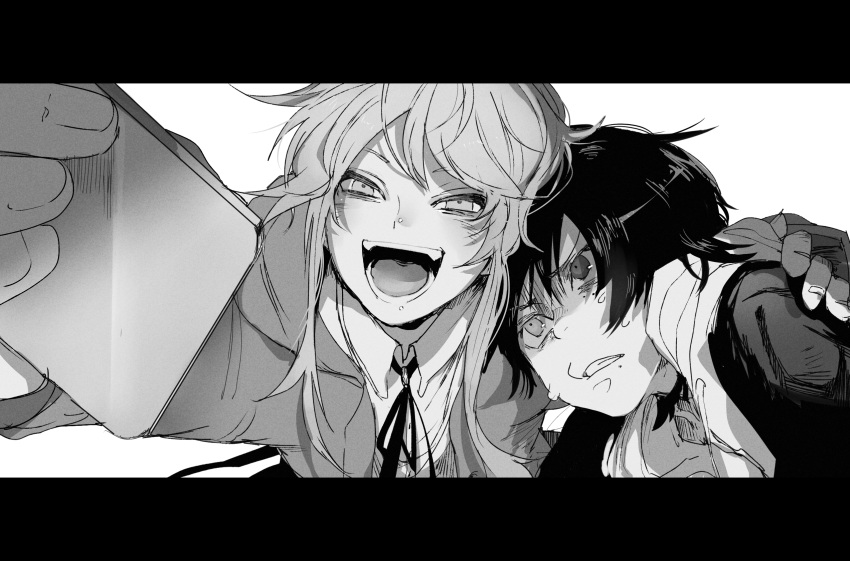 2boys, amemura_ramuda, collared_shirt, forced_hug, greyscale, hand_on_another's_shoulder, head_on_another's_shoulder, heterochromia