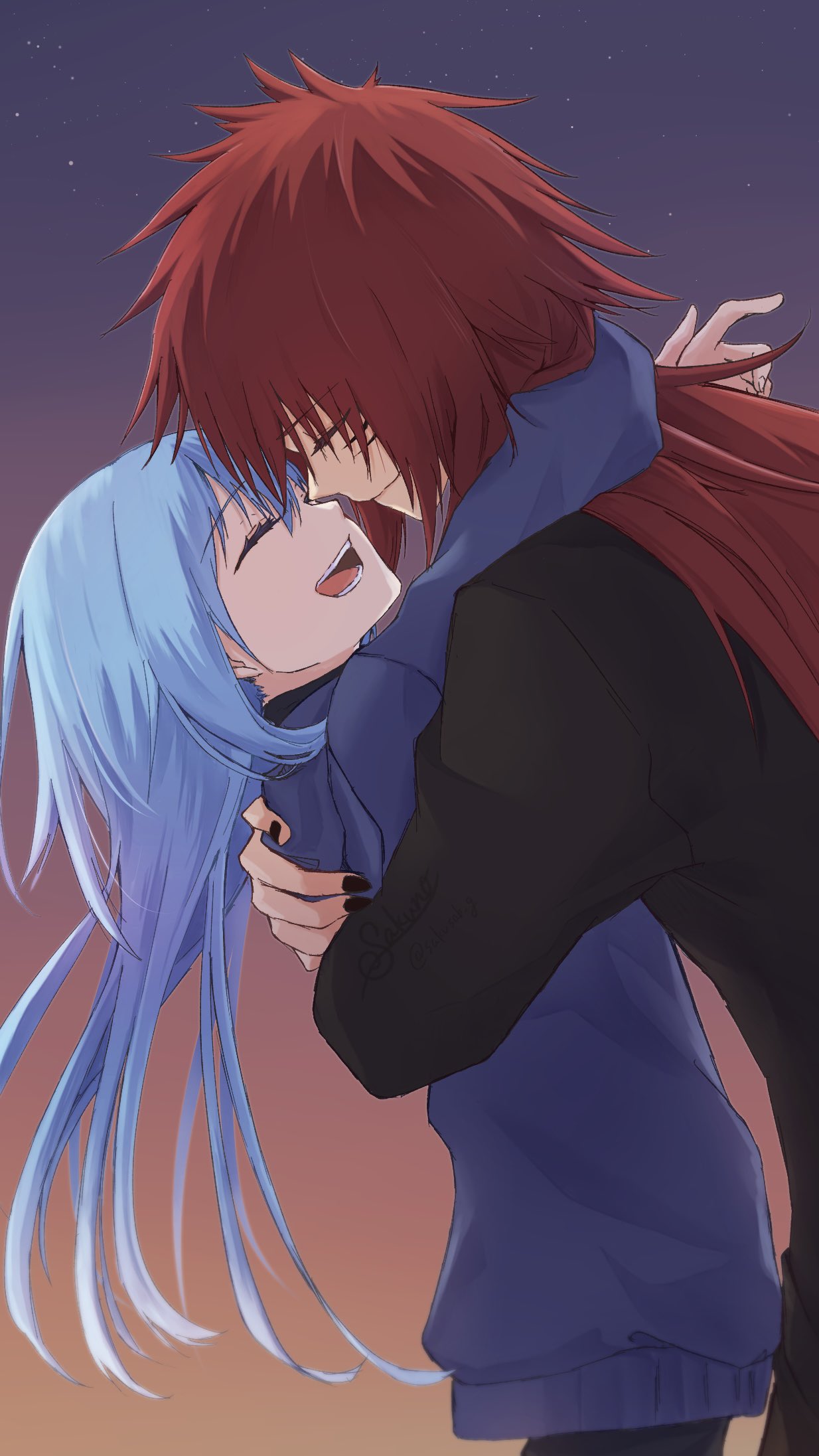 1boy, 1girl, blue_hair, blue_sweater, character_request, check_character, closed_eyes, closed_mouth