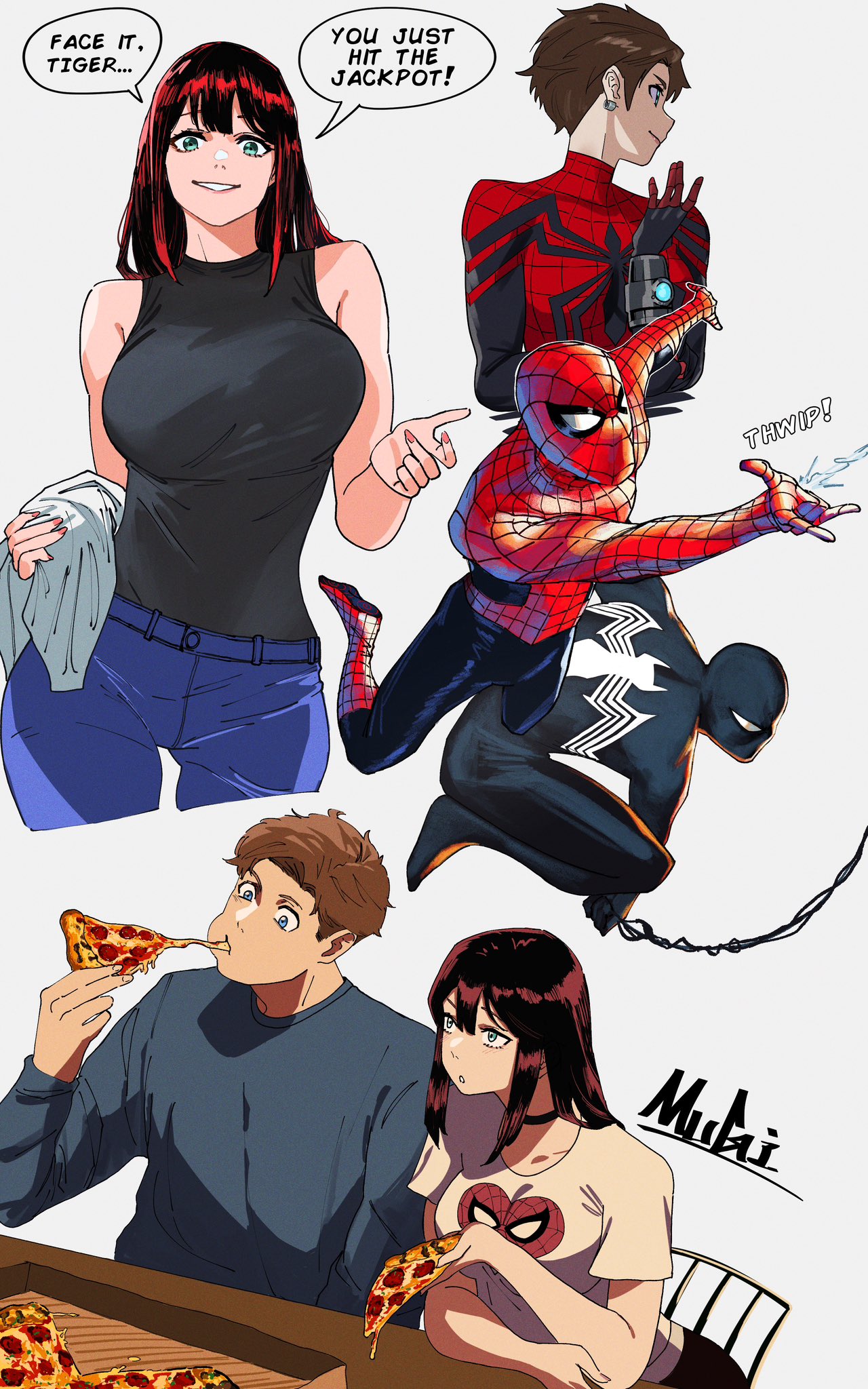 breasts, brown_hair, eating, food, green_eyes, highres, looking_at_another, marvel