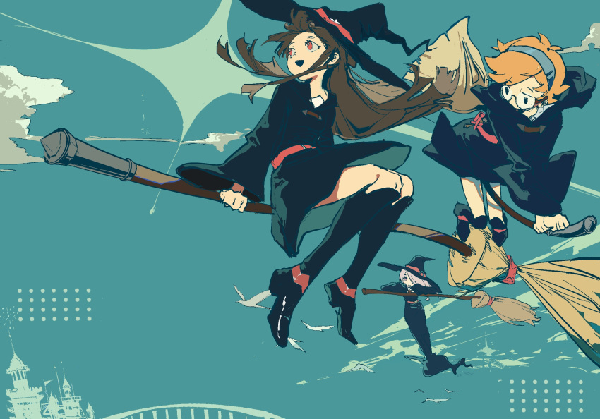 3girls, black_hat, blonde_hair, blue_hairband, blue_sky, broom, broom_riding, brown_hair