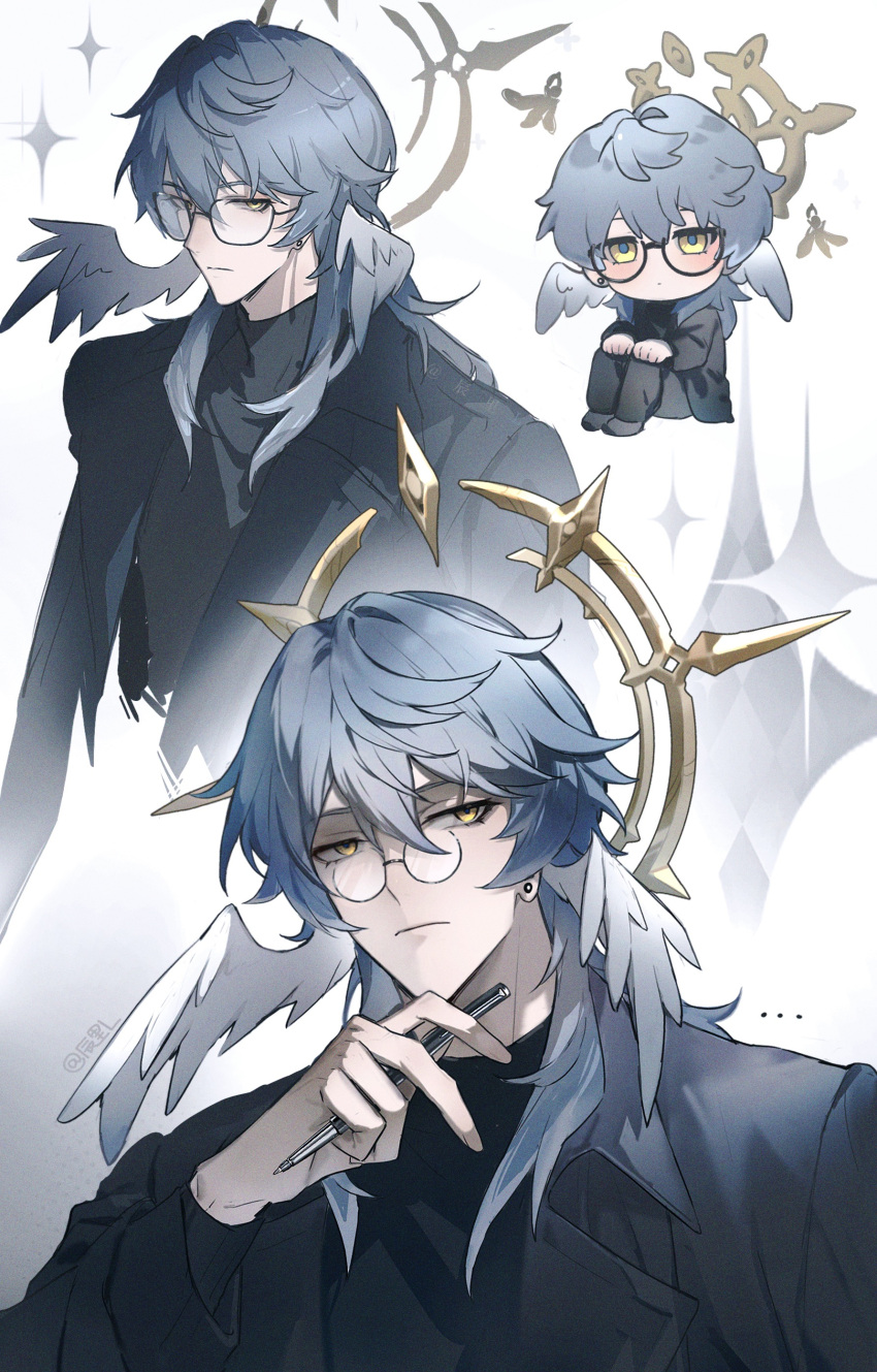 ..., 1boy, absurdres, alternate_costume, bespectacled, black_coat, black_shirt, blue_pupils