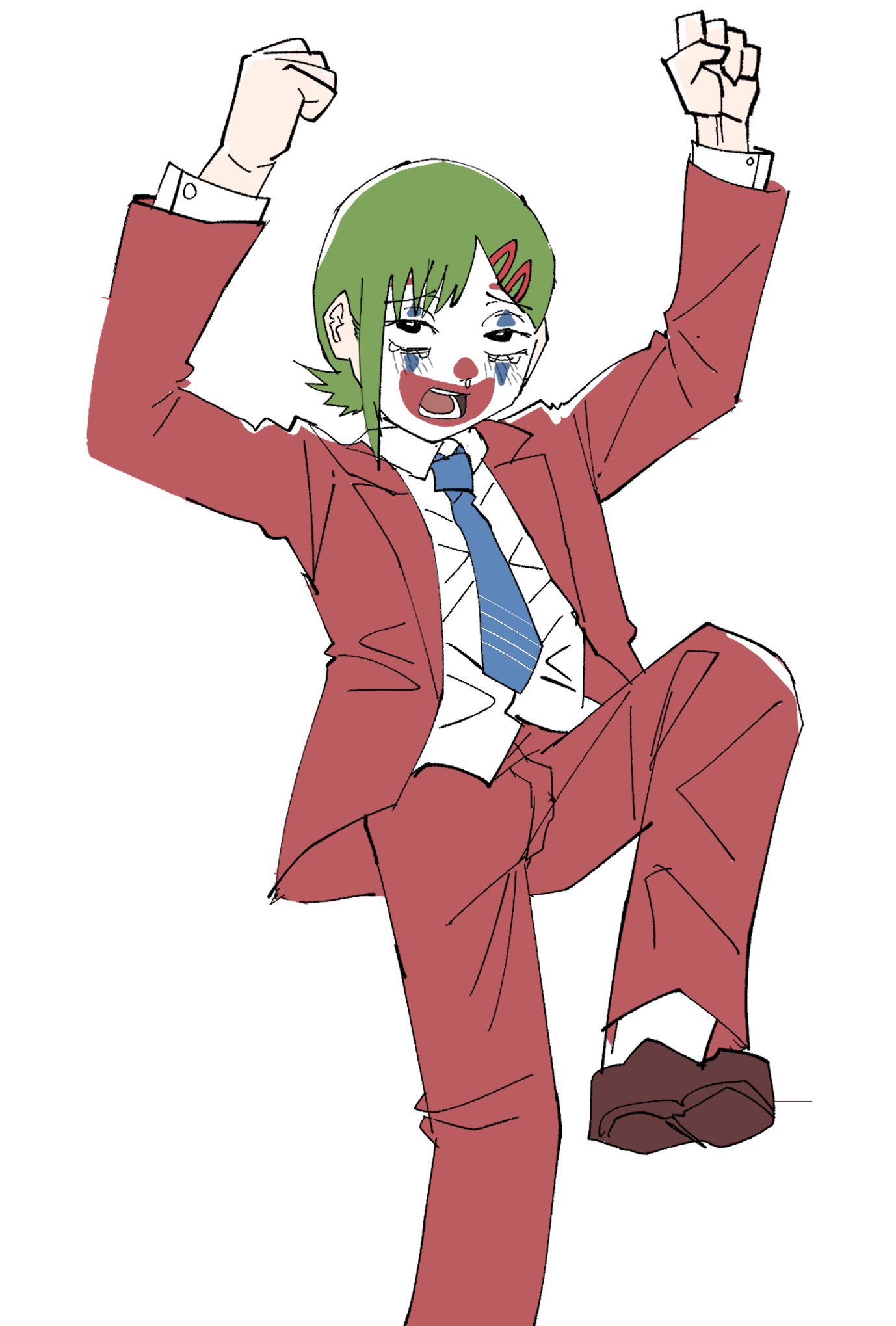 1girl, alternate_costume, alternate_hair_color, arms_up, batman_(series), blue_necktie, chainsaw_man, clown