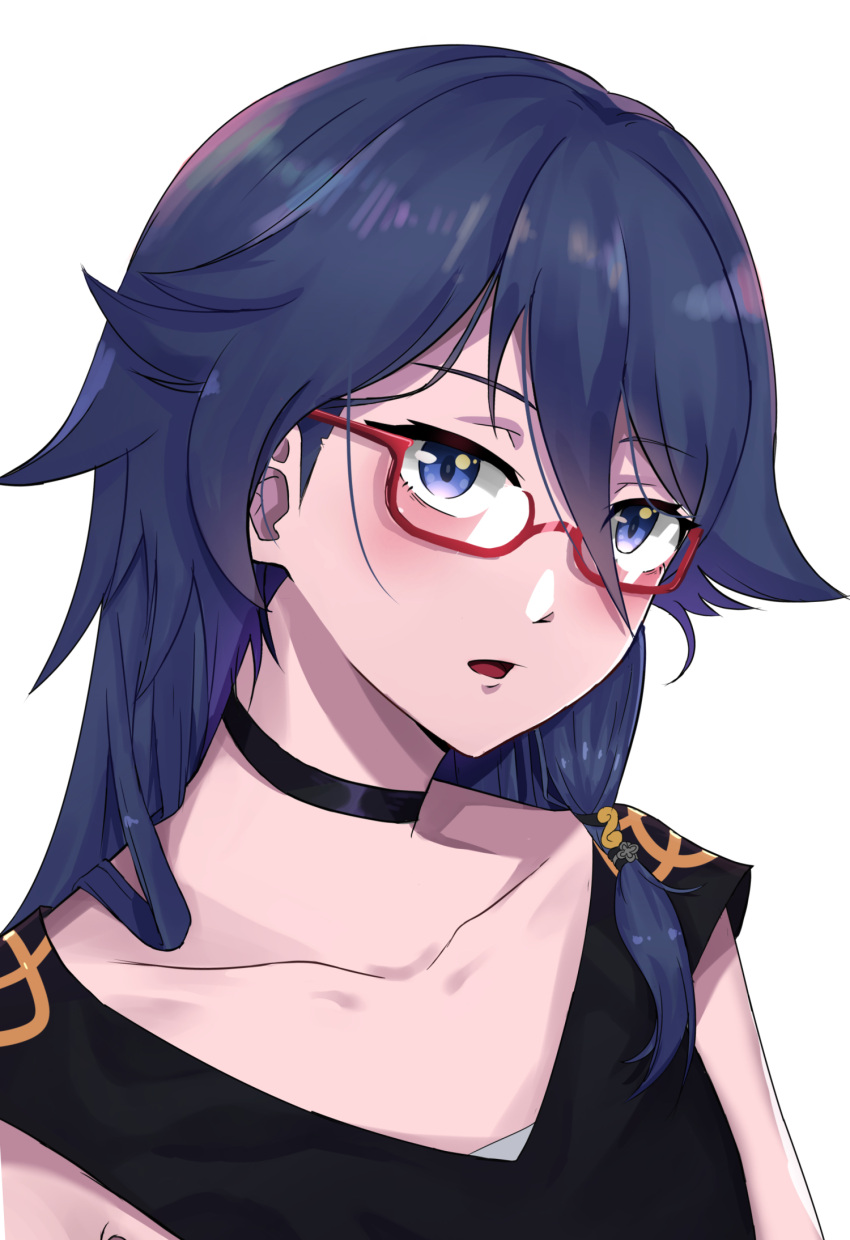 1girl, black_choker, blue_eyes, blue_hair, chantu_irasu, choker, collarbone, fu_hua
