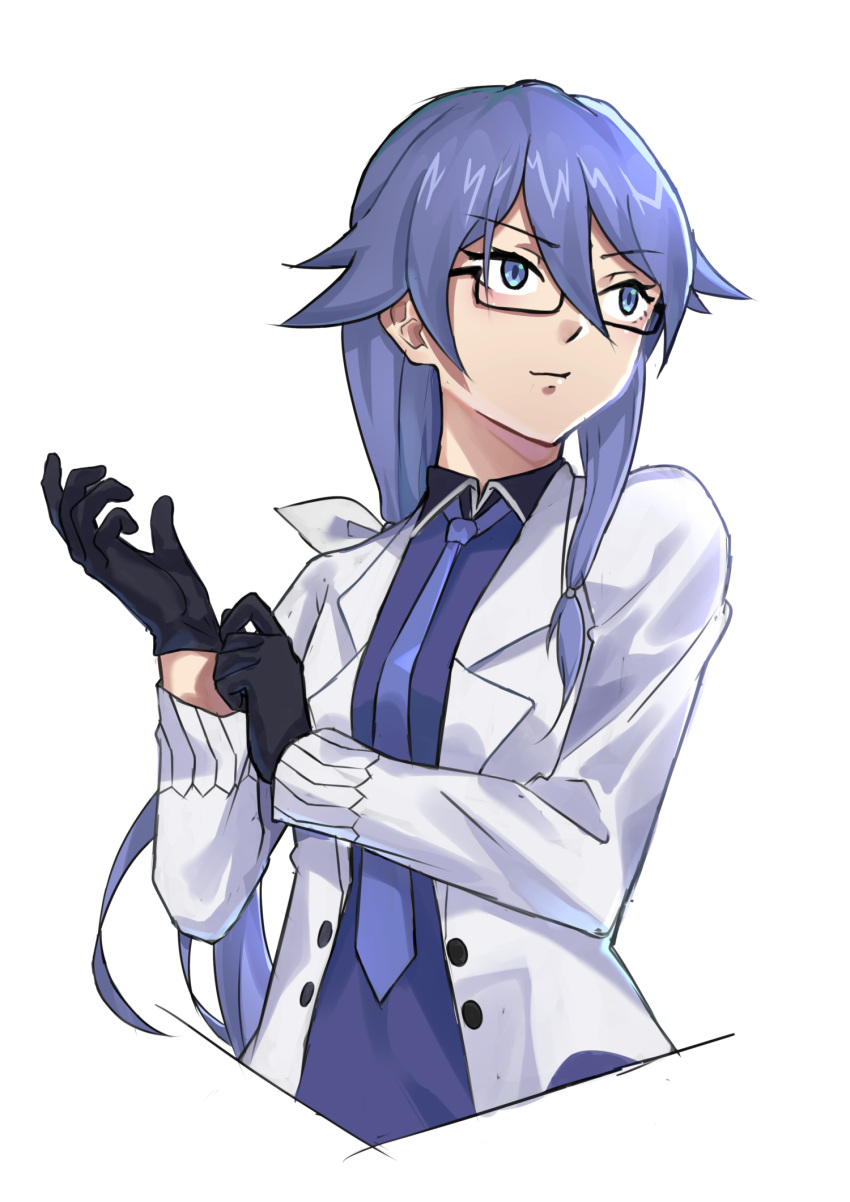 1girl, adjusting_clothes, adjusting_gloves, black-framed_eyewear, black_gloves, blue_eyes, blue_hair, blue_necktie