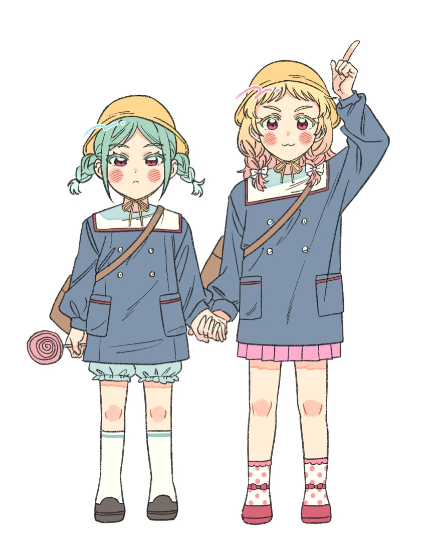 2girls, :3, aqua_hair, black_footwear, blonde_hair, bloomers, blue_bloomers, blue_shirt
