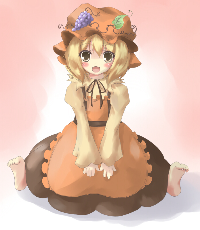 aki_minoriko, barefoot, blonde_hair, blush, brown_eyes, croto, dress, feed, feet, food, fruit, grapes, hat, short_hair, solo, touhou