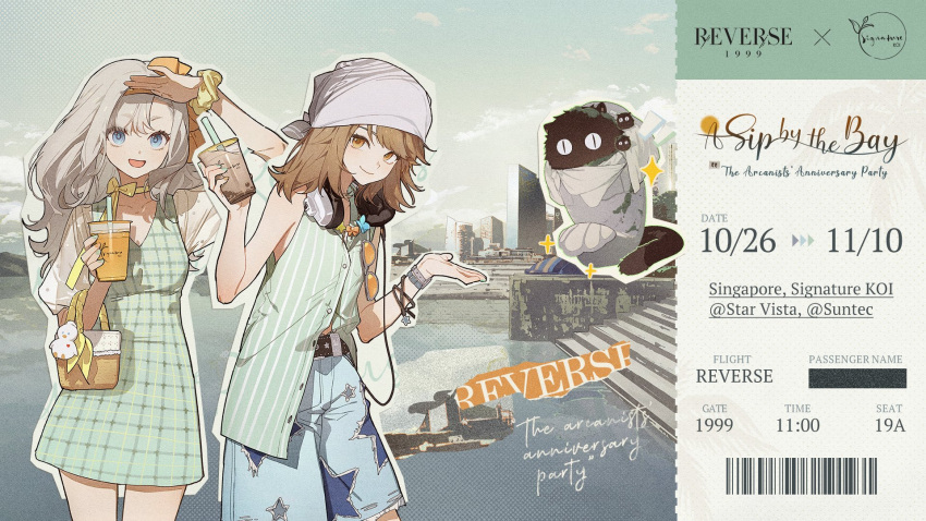 2girls, bag, bandana, brown_hair, bubble_tea, carbuncle_(reverse:1999), cup, denim, denim_shorts, disposable_cup, drinking_straw, english_text, grey_hair, handbag, headphones, headphones_around_neck, highres, holding, holding_cup, long_hair, matilda_bouanich, merlion, multiple_girls, official_alternate_costume, official_art, regulus_(reverse:1999), reverse:1999, scrunchie, shorts, singapore, tea, watch, watch, white_bandana