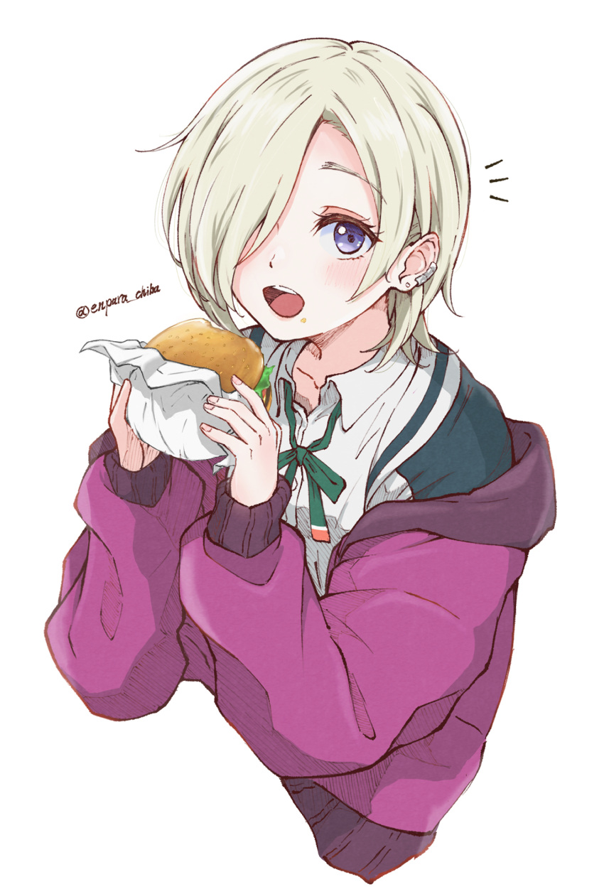 1girl, blonde_hair, blush, burger, collarbone, collared_shirt, commentary_request, cropped_torso