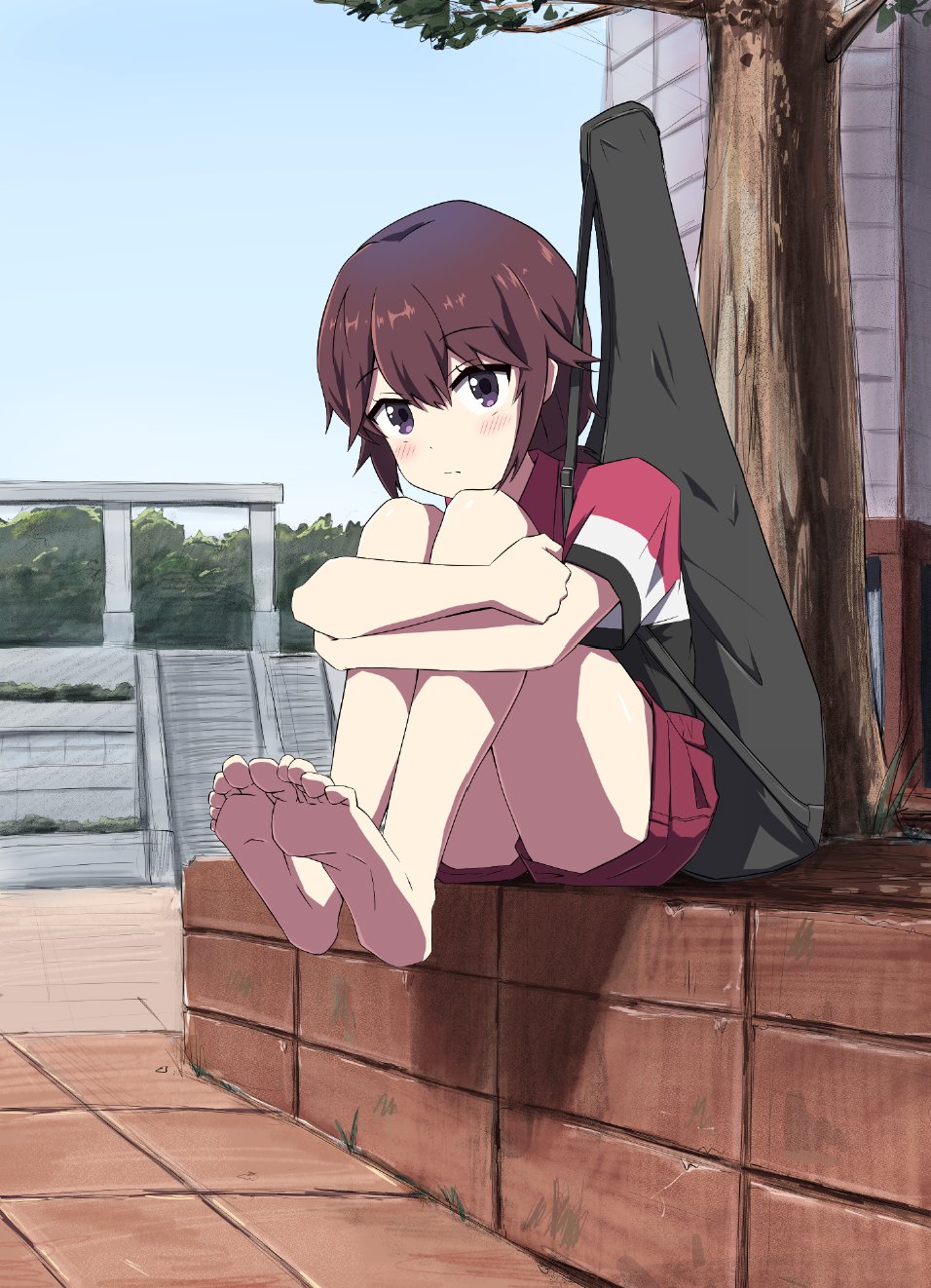 1girl, bag, barefoot, black_bag, black_shirt, blue_sky, blush, brown_hair, building, collared_shirt, commentary, eyelashes, foliage, full_body, gradient_sky, highres, hitsutan, holding, holding_bag, hugging_own_legs, knees_up, looking_at_viewer, machikado_mazoku, multicolored_shirt, outdoors, park, planter, red_shirt, red_shorts, sata_anri, shirt, short_hair, short_shorts, short_sleeves, shorts, sidelocks, sitting, sky, soles, solo, stairs, stone_stairs, tennis_racket_case, tile_floor, tiles, toes, tree, violet_eyes, white_shirt