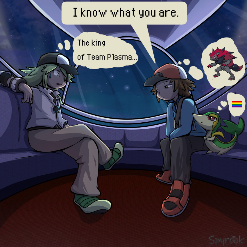 2boys, artist_name, baseball_cap, bracelet, brown_eyes, brown_hair, commentary, crossed_legs