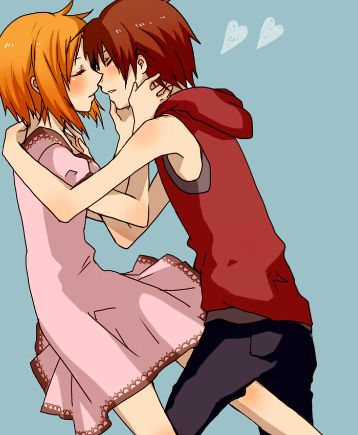 1girl, couple, dress, higurashi_no_naku_koro_ni, hoodie, incipient_kiss, incoming_kiss, maebara_keiichi