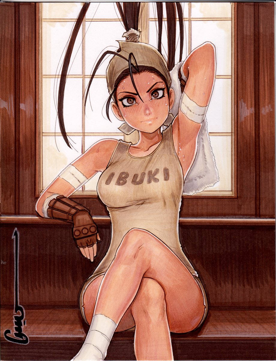 1girl, :|, antenna_hair, arm_up, armpits, artist_name, bandaged_ankle, bandaged_arm