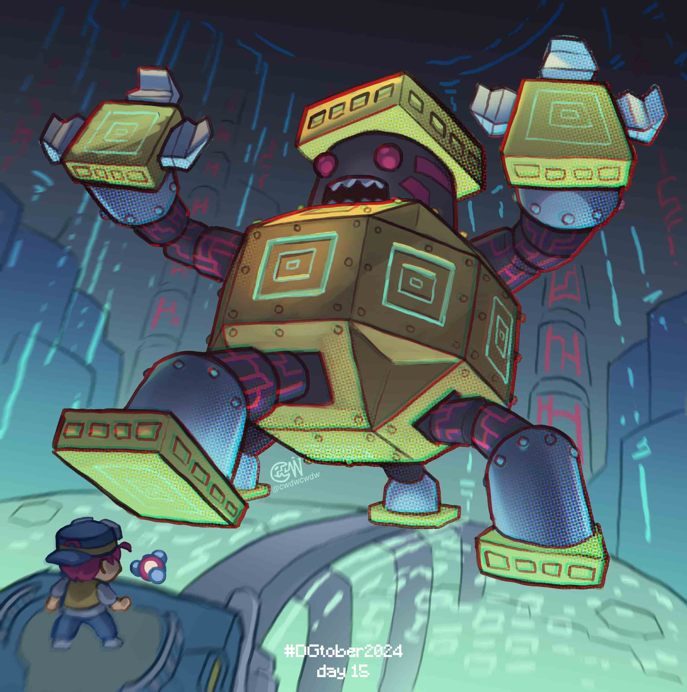 1boy, absurdres, artist_logo, atsushi_(digimon_world_3), blue_hat, chibi, cwdw, digimon