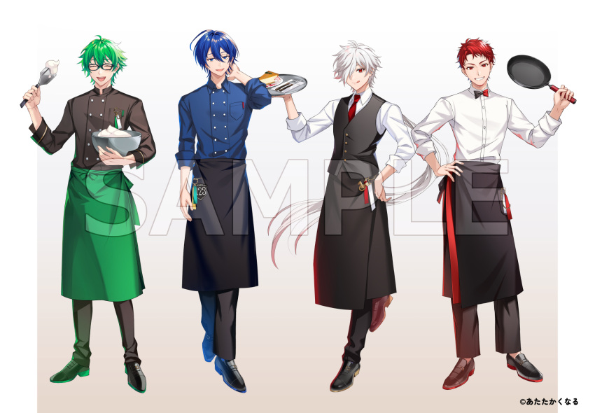 4boys, :d, :q, ^_^, ahoge, apron, arm_at_side, atatakakunaru