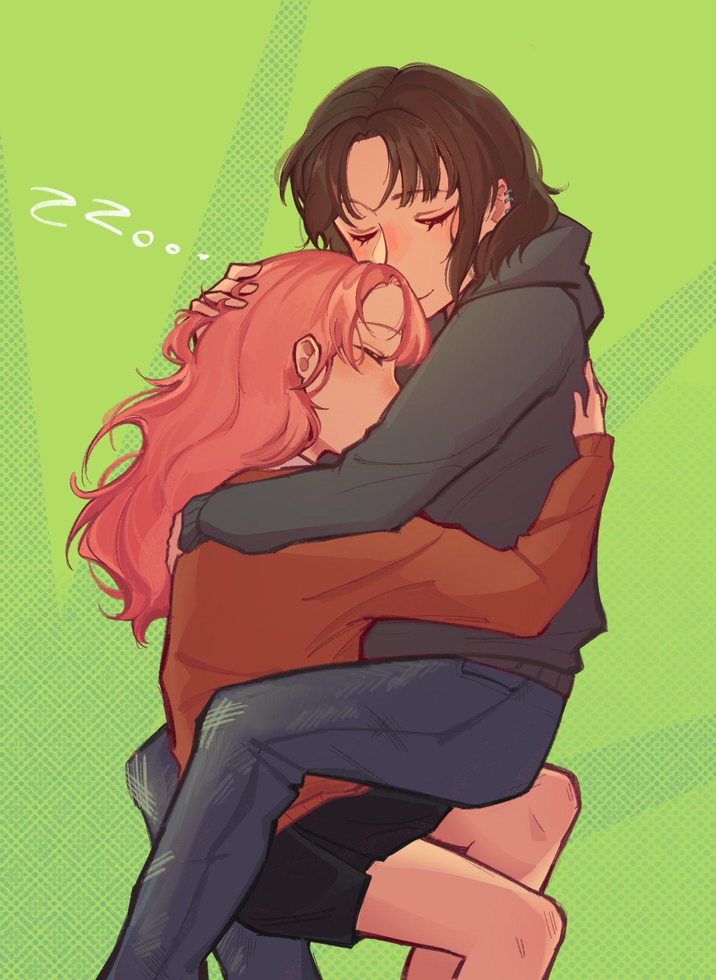2girls, arm_around_neck, black_hair, black_hoodie, black_skirt, blue_pants, closed_eyes, closed_mouth, commentary, denim, english_commentary, green_background, hand_on_another's_back, hand_on_another's_head, hegaiii, highres, hips_in_air, hood, hoodie, hug, jeans, kininatteru_hito_ga_otoko_ja_nakatta, koga_mitsuki, long_hair, long_sleeves, multiple_girls, oosawa_aya, orange_sweater, pants, pink_hair, skirt, sweater, torn_clothes, torn_jeans, torn_pants, yuri, zzz
