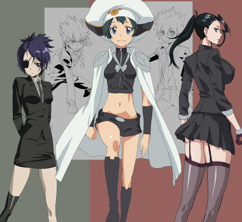 armband, back, black_hair, blue_eyes, blue_hair, breasts, brown_eyes, cape, character_request, chrome_dokuro, eye_patch, eyepatch, fingerless_gloves, formal, gloves, hat, highres, katekyo_hitman_reborn, katekyo_hitman_reborn!, large_breasts, long_hair, makacoon, midriff, miniskirt, multiple_girls, navel, necktie, ponytail, purple_eyes, sawada_tsunayoshi, short_hair, shorts, skirt, smile, suit, suzuki_adelheid, thigh-highs, thighhighs, uni_(reborn), violet_eyes