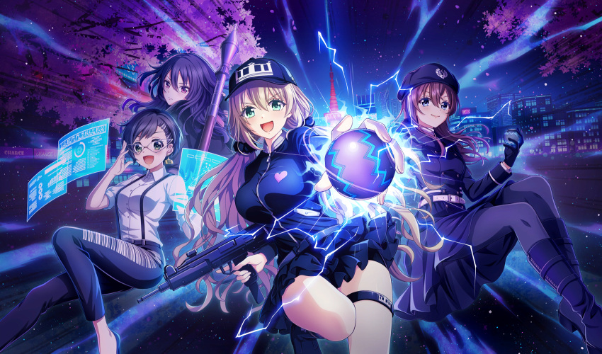 4girls, :d, adjusting_eyewear, arihara_tsubasa, arisugawa_saori, arisugawa_saori_(cosplay), aura, ball, baseball_(object), baseball_cap, belt, belt_buckle, black_belt, black_footwear, black_gloves, black_hair, black_hat, black_jacket, black_pants, black_pantyhose, black_scrunchie, black_skirt, blonde_hair, blue_eyes, boots, brown_hair, buckle, cherry_blossoms, cinderella_series, closed_mouth, collared_shirt, cosplay, crossover, earrings, game_cg, glasses, gloves, green_eyes, gun, hachigatsu_no_cinderella_nine, hair_between_eyes, hair_ornament, hair_scrunchie, hat, highres, holding, holding_ball, holding_gun, holding_weapon, holographic_interface, jacket, jewelry, kamiki_yui_(tribe_nine), kamiki_yui_(tribe_nine)_(cosplay), kawakita_tomoe, light_particles, long_hair, long_sleeves, low_twintails, multiple_girls, night, night_sky, non-web_source, nozaki_yuuki, official_alternate_costume, official_alternate_hairstyle, official_art, ooi_minami, ooi_minami_(cosplay), open_mouth, outdoors, pants, pantyhose, reaching, reaching_towards_viewer, scrunchie, shinonome_ryo, shirt, short_hair, single_earring, skirt, sky, sleeves_rolled_up, smile, suspenders, tokyo_tower, triangular_eyewear, tribe_nine, twintails, v-shaped_eyebrows, weapon, white_belt, white_shirt, yukigaya_enoki, yukigaya_enoki_(cosplay)