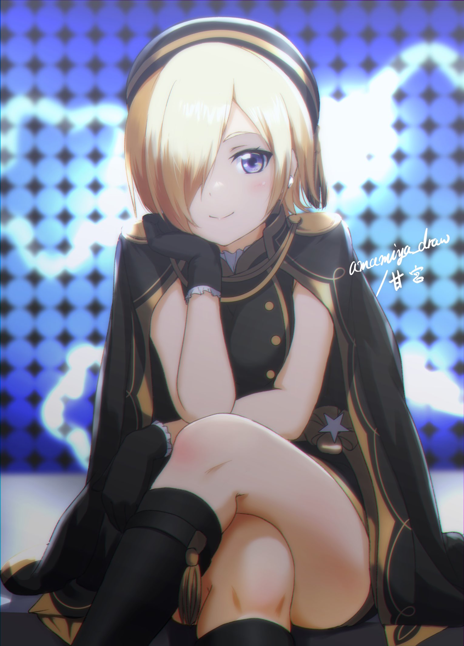 1girl, amamiya_(re-amamiya), artist_name, beret, black_dress, black_footwear, black_gloves, black_hat