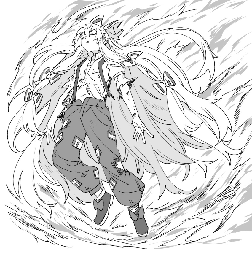1girl, absurdly_long_hair, bow, closed_eyes, collared_shirt, commentary_request, fire, fujiwara_no_mokou