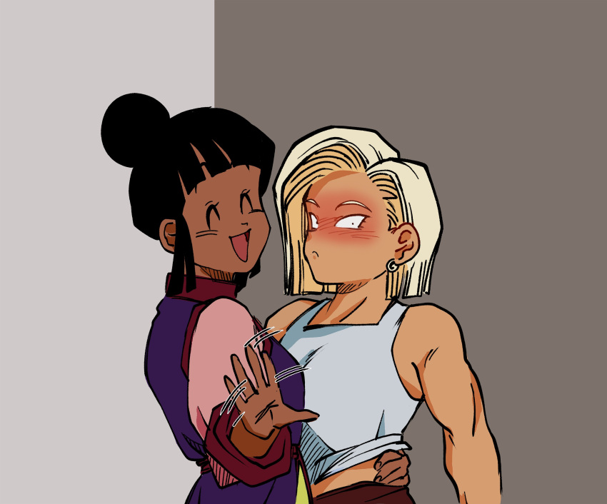 2girls, ^_^, absurdres, android, android_18, assertive_female, black_hair, blonde_hair, blush, breasts, cal_monssi, chi-chi_(dragon_ball), chinese_clothes, closed_eyes, dark-skinned_female, dark_skin, dragon_ball, dragon_ball_z, dress, earrings, eyebrows_hidden_by_hair, eyelashes, hair_bun, hand_on_another's_waist, highres, jewelry, looking_at_viewer, multicolored_clothes, multiple_girls, open_mouth, purple_dress, shirt, short_hair, sidelocks, simple_background, single_hair_bun, sleeveless, sleeveless_shirt, smile, speed_lines, surprised, toned_female, turning_head, waving, white_shirt, yuri