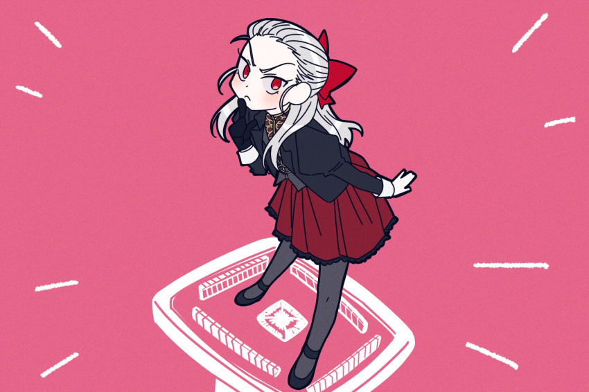 1girl, aged_down, akagi:_yami_ni_oritatta_tensai, black_footwear, black_gloves, black_jacket, blush, bow, closed_mouth, commentary_request, frown, fukumoto_mahjong, full_body, genderswap, genderswap_(mtf), gloves, grey_hair, grey_pantyhose, grey_vest, hair_bow, hair_slicked_back, index_finger_raised, jacket, juliet_sleeves, korean_commentary, long_hair, long_sleeves, looking_at_viewer, mahjong, mahjong_table, mahjong_tile, muuumin, on_table, pantyhose, pink_background, puffy_sleeves, red_bow, red_eyes, red_skirt, shoes, simple_background, single_glove, skirt, solo, table, v-shaped_eyebrows, vest, washizu_iwao