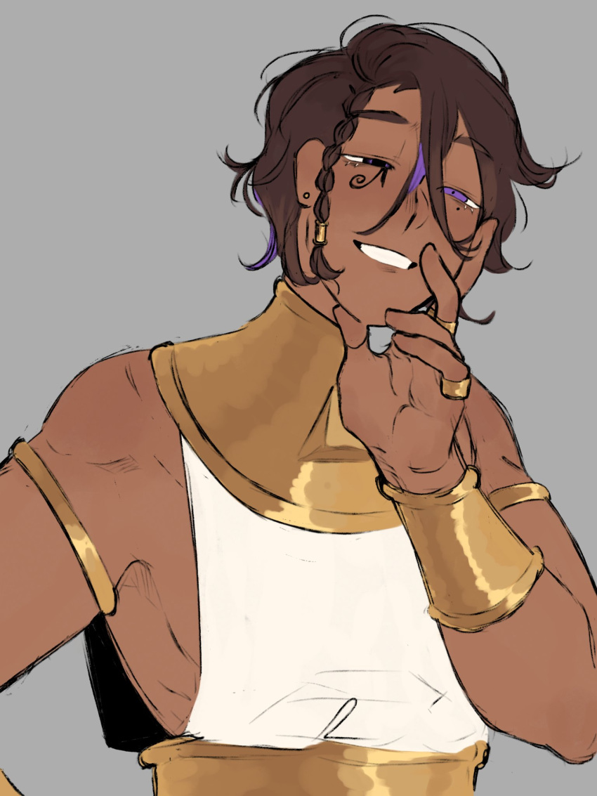 1boy, ancient_egyptian_clothes, armlet, bracelet, braid, brown_hair, commentary, dark-skinned_male