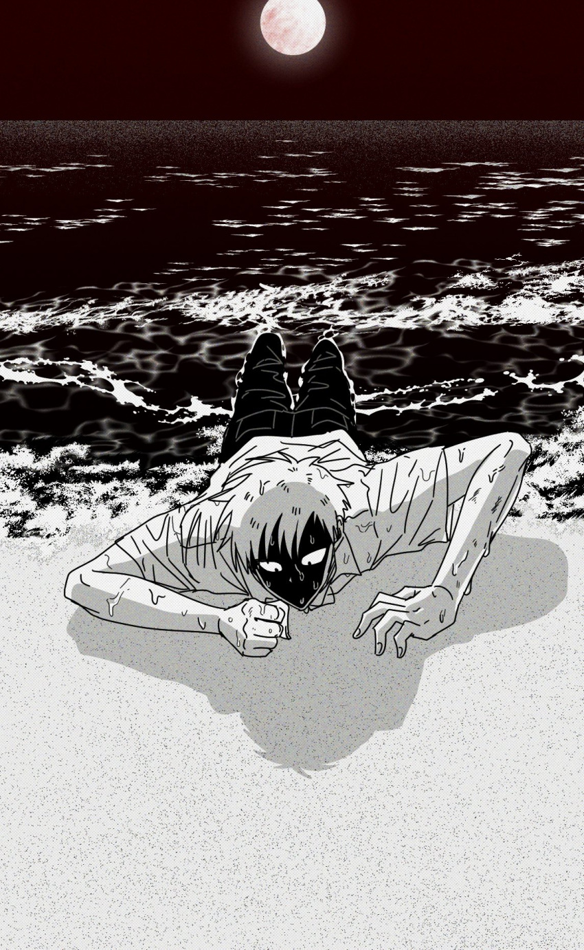 1boy, akagi:_yami_ni_oritatta_tensai, akagi_shigeru, brown_theme, clear_sky, commentary_request, crawling, eyes_in_shadow