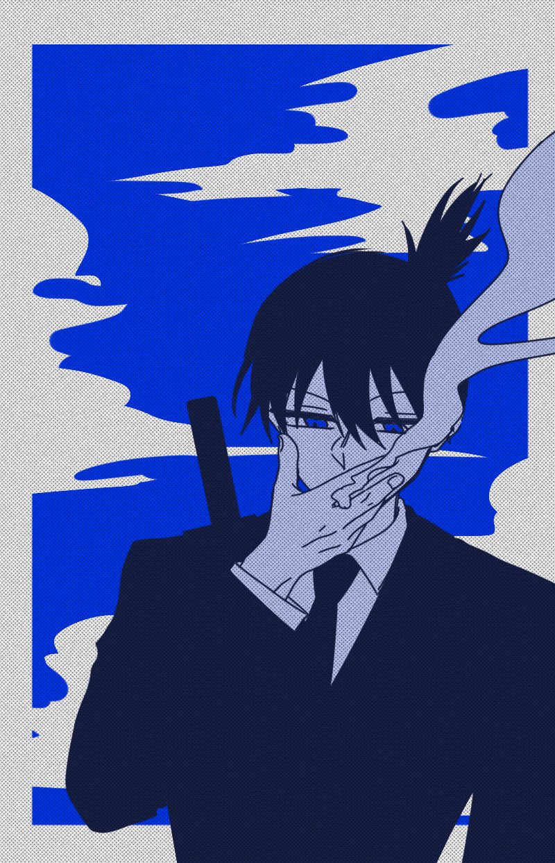 1boy, blue_theme, chainsaw_man, collared_shirt, commentary, folded_ponytail, hair_between_eyes, hayakawa_aki
