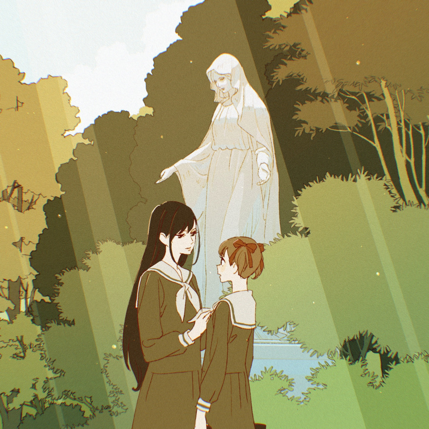 2girls, 55bata6rou, black_hair, bow, brown_hair, fukuzawa_yumi, hair_bow, hair_ribbon