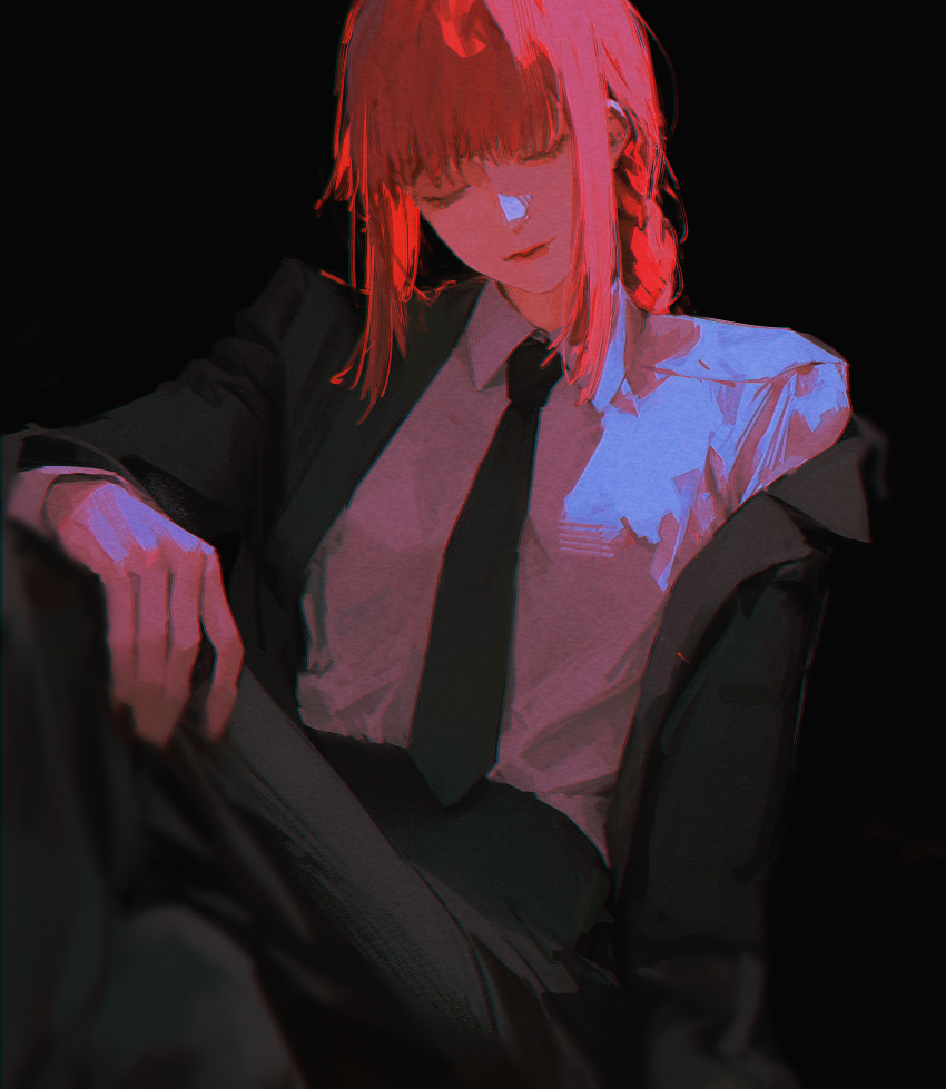 1girl, 96yottea, absurdres, black_background, black_jacket, black_necktie, black_pants, black_suit