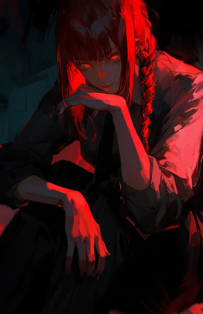 1girl, 96yottea, absurdres, black_nails, black_pants, blunt_bangs, braid, chainsaw_man