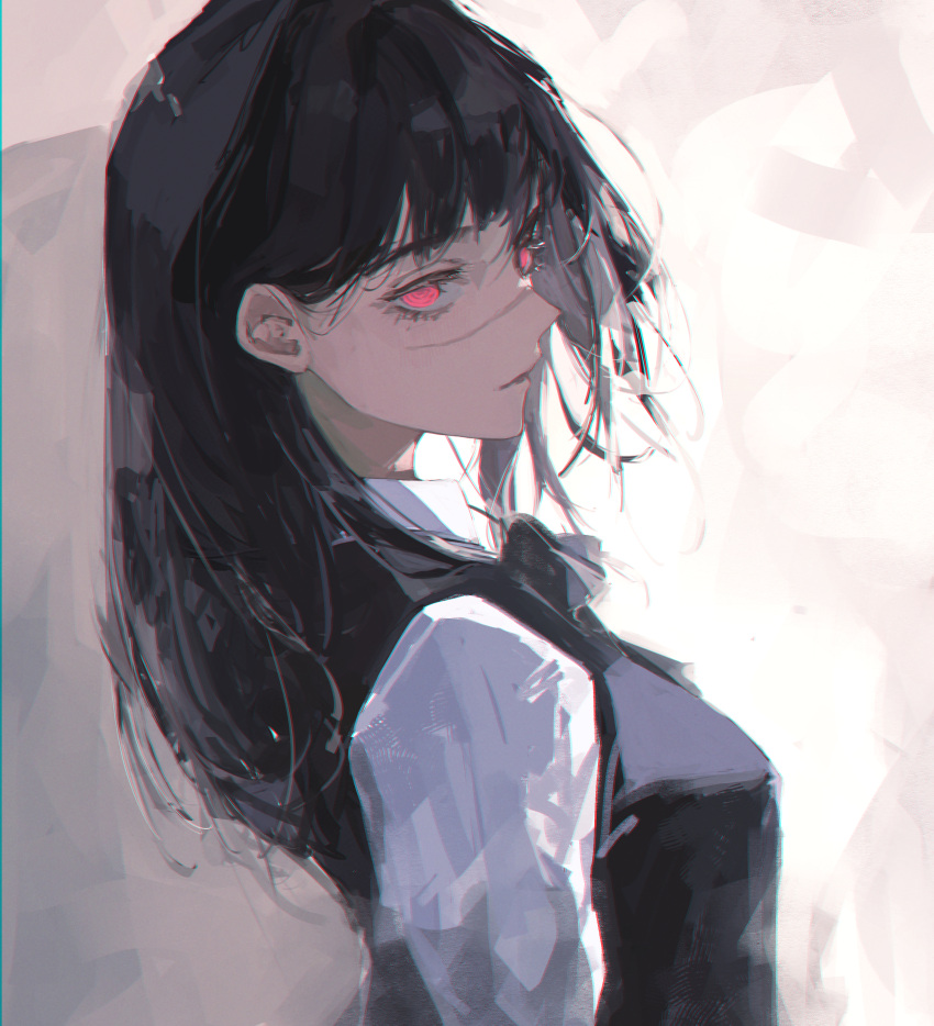 1girl, 96yottea, absurdres, black_hair, black_ribbon, blush, chainsaw_man, chromatic_aberration, collared_shirt, commentary, dress, expressionless, fourth_east_high_school_uniform, glowing, glowing_eyes, gradient_background, grey_background, highres, long_hair, looking_at_viewer, looking_back, neck_ribbon, pinafore_dress, pink_eyes, ribbon, ringed_eyes, scar, scar_on_face, school_uniform, shirt, simple_background, sleeveless, sleeveless_dress, solo, swept_bangs, three_quarter_profile, upper_body, white_shirt, yoru_(chainsaw_man)