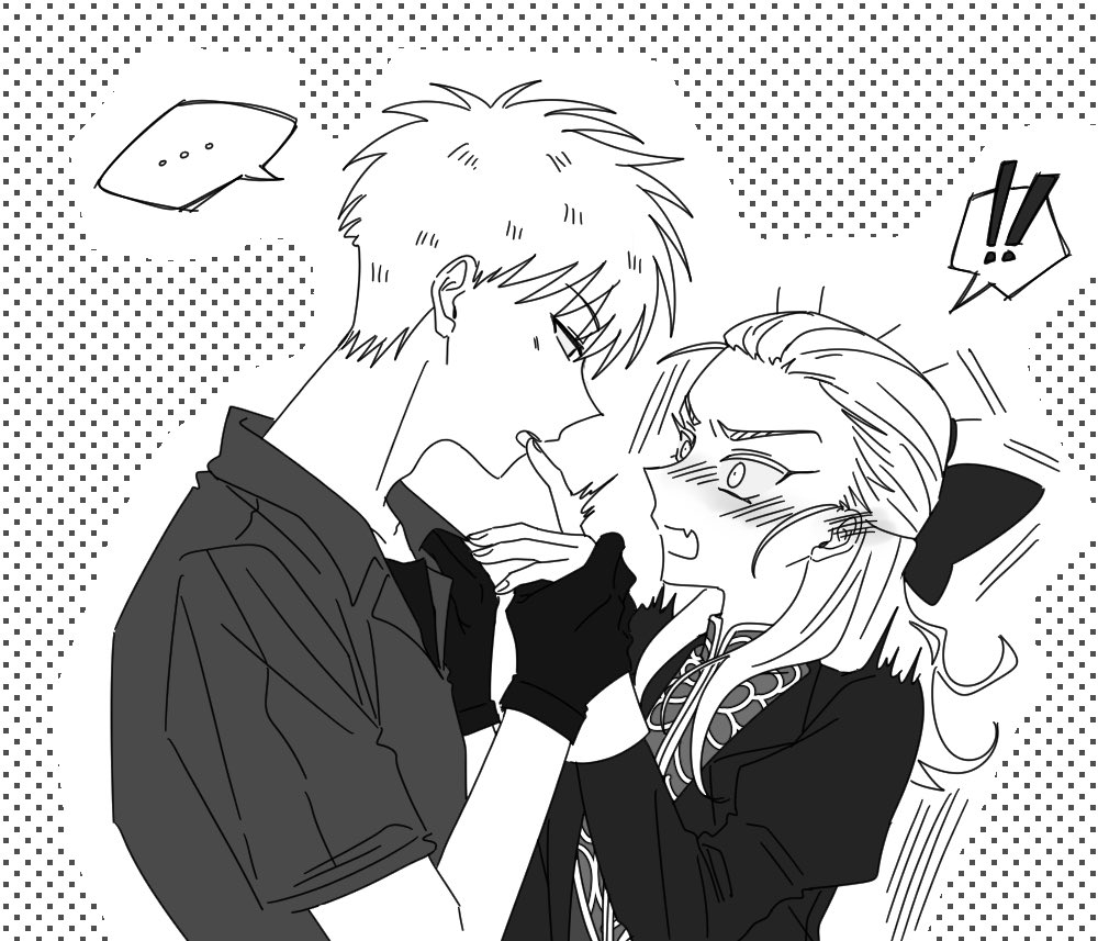 !, !!, ..., 1boy, 1girl, aged_down, akagi:_yami_ni_oritatta_tensai, akagi_shigeru, biting_another's_finger, blush, bow, collared_shirt, commentary_request, fukumoto_mahjong, genderswap, genderswap_(mtf), greyscale, hair_bow, hair_over_shoulder, hetero, holding_another's_wrist, jacket, juliet_sleeves, korean_commentary, long_hair, long_sleeves, looking_at_another, mandarin_collar, monochrome, muuumin, open_mouth, puffy_sleeves, shirt, short_hair, short_sleeves, spoken_ellipsis, upper_body, v-shaped_eyebrows, washizu_iwao