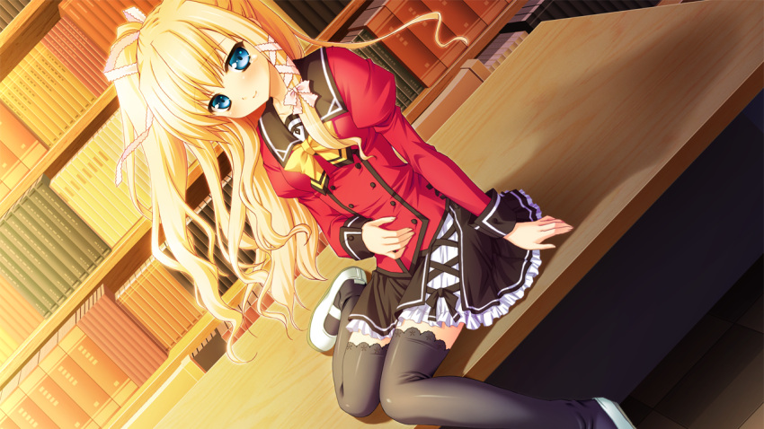 akashi_kokoro, blonde_hair, blue_eyes, game_cg, minase_lin, orange_memories, purple_software, seifuku