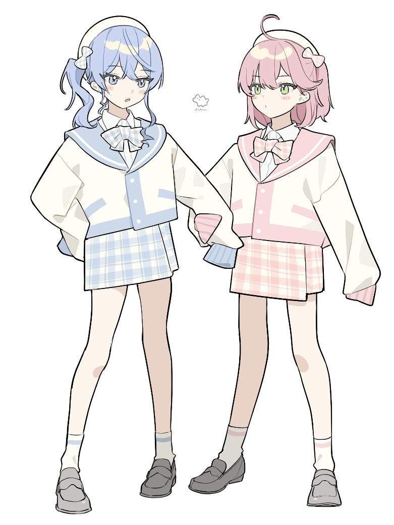 2girls, ahoge, beret, blue_eyes, blue_hair, blush, bow, bowtie