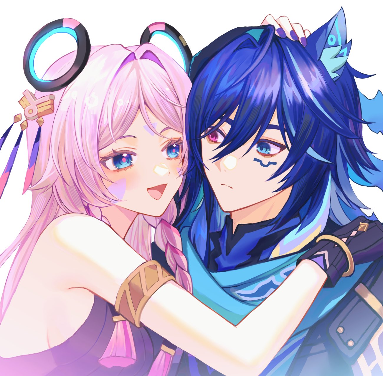 1boy, 1girl, animal_ear_fluff, animal_ears, arm_markings, armlet, bat_ears, black_gloves, black_leotard, blue_eyes, blue_scarf, blunt_tresses, blush, bracelet, braid, breasts, citlali_(genshin_impact), closed_mouth, expressionless, eye_contact, face-to-face, facial_mark, feather_hair_ornament, feathers, floating_hair_ornament, genshin_impact, glove_cutout, gloves, gold, grandmother_and_grandson, hair_between_eyes, hair_ornament, hair_rings, hair_tubes, hand_on_another's_shoulder, headpat, heterochromia, highres, hug, jewelry, leotard, long_hair, looking_at_another, mandarin_collar, open_mouth, ororon_(genshin_impact), pink_hair, pink_pupils, purple_hair, pzmnb, raised_eyebrows, red_eyes, scarf, sideboob, sleeveless_leotard, tongue, triangle_facial_mark, twin_braids, upper_body, white_background, wide-eyed