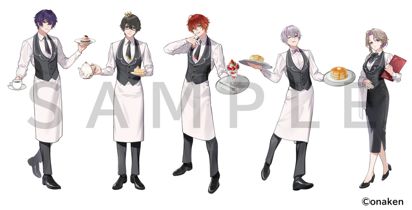 1girl, 4boys, :d, ;q, apron, black_bow, black_bowtie, black_eyes