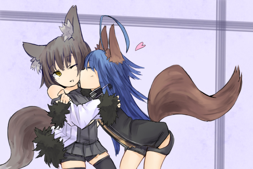 animal_ears, bare_shoulders, bike_shorts, black_hair, black_legwear, blue_hair, blush, character_request