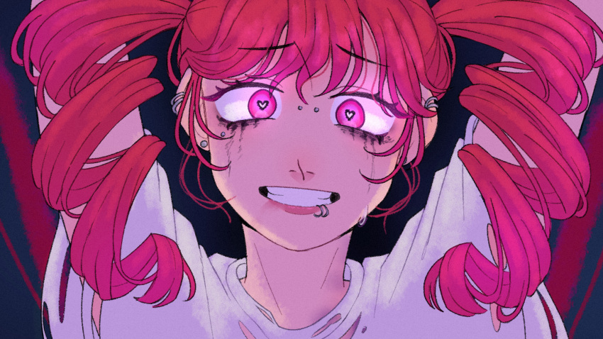 arms_up, black_background, black_eyeliner, deco27, drill_hair, ear_piercing, eyeliner, heart