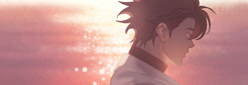 1boy, absurdres, black_shirt, brown_hair, commentary_request, dragon_ball, dragon_ball_xenoverse, dusk