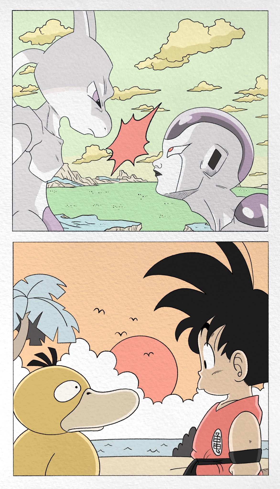 bird, black_hair, colored_skin, crossover, dougi, dragon_ball, dragon_ball_(classic), dragon_ball_z