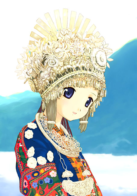 1girl, 2000s_(style), blue_eyes, blue_shirt, changmingsuo, chinese_clothes, crown, embroidery