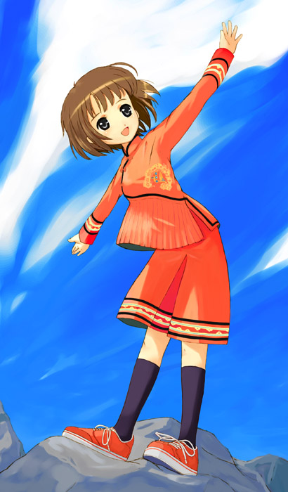 1girl, 2000s_(style), black_eyes, black_socks, blue_sky, bob_cut, brown_hair, chinese_clothes, clouds, cloudy_sky, commentary_request, day, full_body, happy, ishizaki_yuki, kneehighs, maonan_clothes, original, outdoors, outstretched_arms, red_footwear, rock, shoes, sky, smile, sneakers, socks, solo, standing