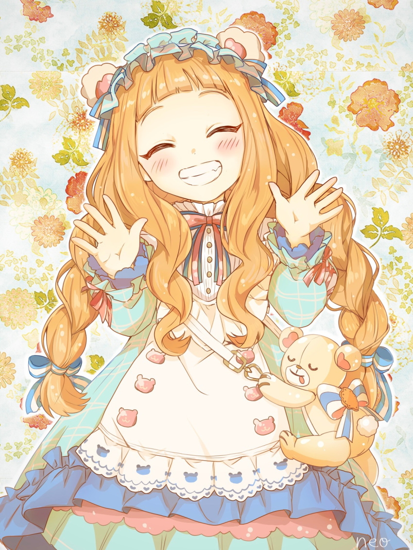 1girl, ^_^, alternate_hairstyle, apron, blue_background, blue_dress, blue_headdress, blunt_bangs