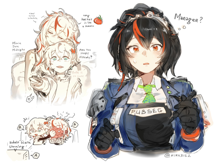 2girls, aged_down, belle_(zenless_zone_zero), black_gloves, black_hair, blue_jacket, breasts, chibi
