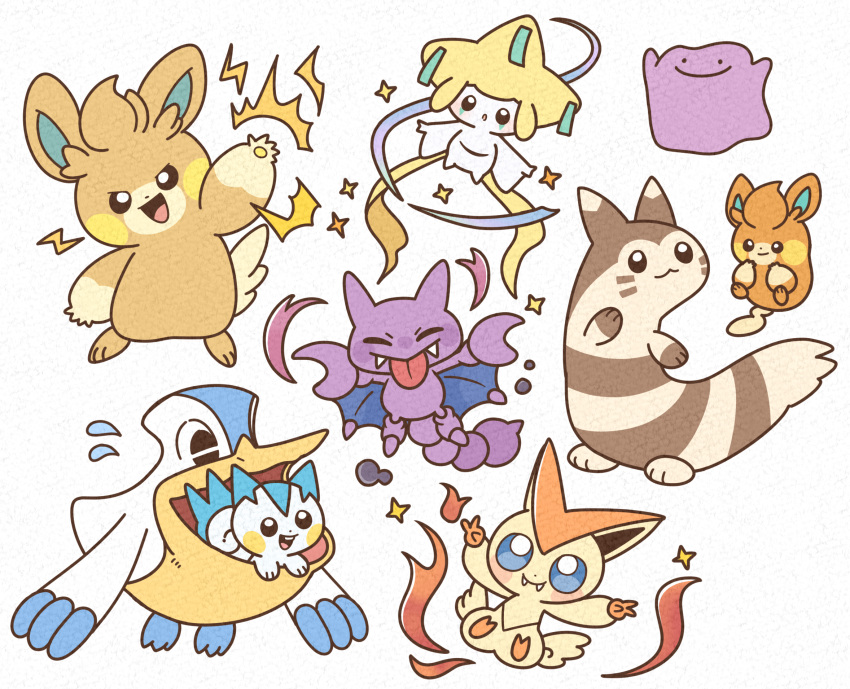 1other, :3, chibi, closed_eyes, ditto, double_v, fangs, flying, full_body, furret, gligar, highres, jirachi, mottazaurs, pachirisu, pawmi, pawmo, pelipper, pokemon, pokemon_(creature), simple_background, sparkle, tongue, tongue_out, v, victini, white_background