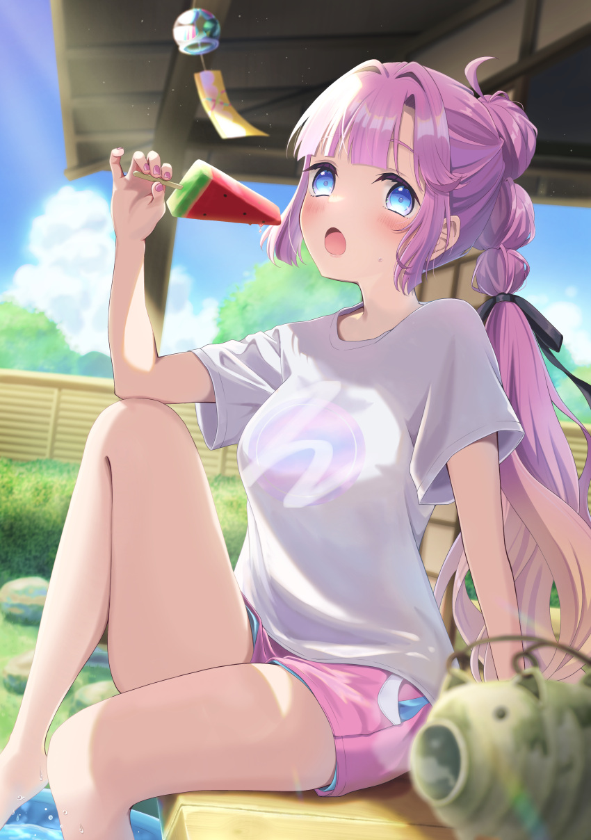 1girl, :o, absurdres, anyoji_hime, black_ribbon, blonde_hair, blue_eyes, blue_sky