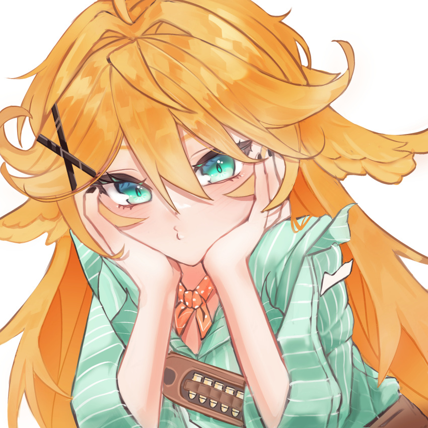 1girl, aqua_eyes, aqua_shirt, belt, cartridge, dokibird_(vtuber), dokibird_(vtuber)_(bounty_hunter), hair_ornament