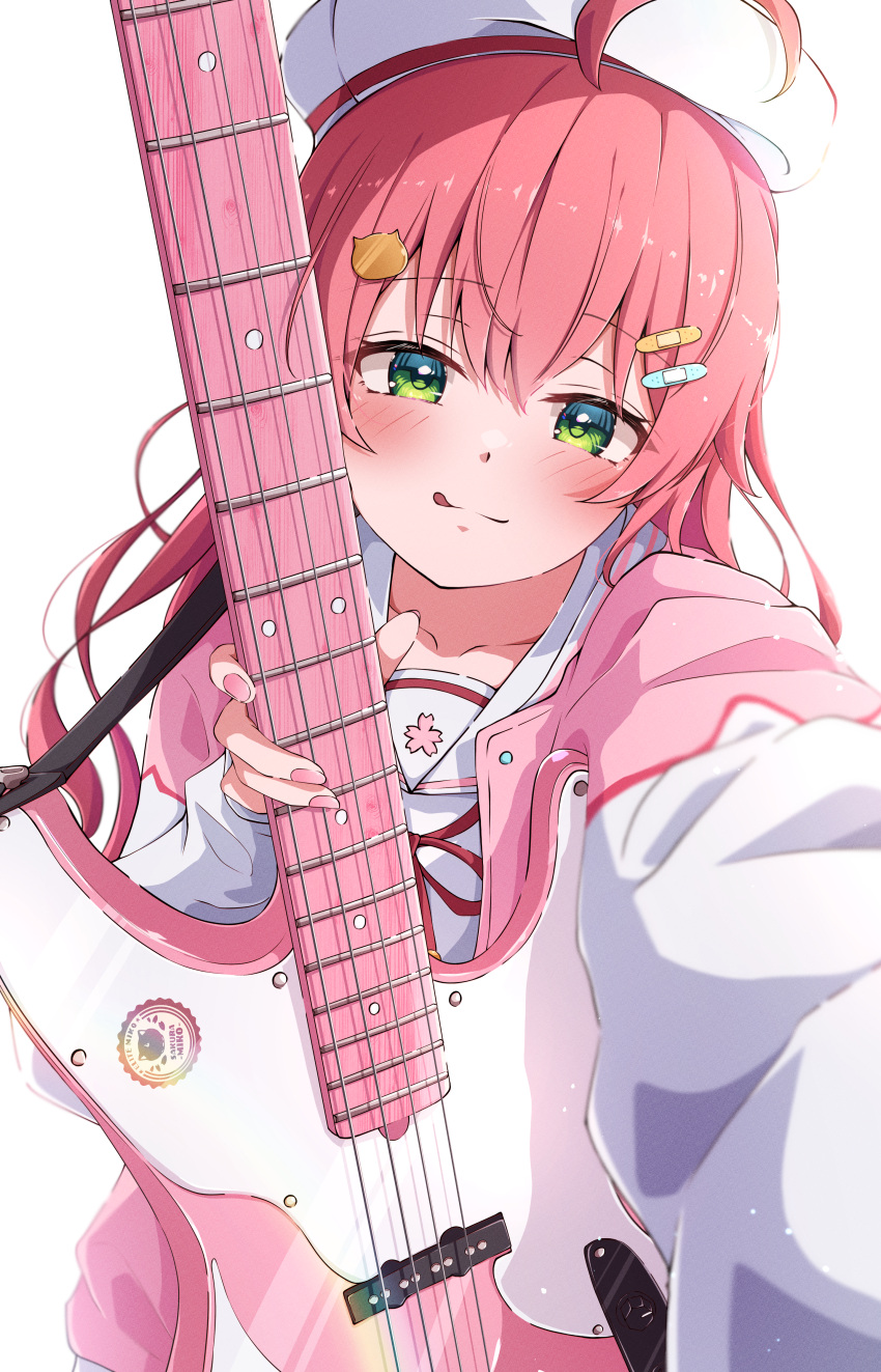 1girl, :q, absurdres, ahoge, bandaid, bandaid_hair_ornament, bass_guitar, beret